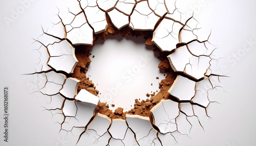 Breaking Ground: An overhead perspective of a cracked surface, earth breaking through, forming a circle of shattered fragments with a rich brown interior.