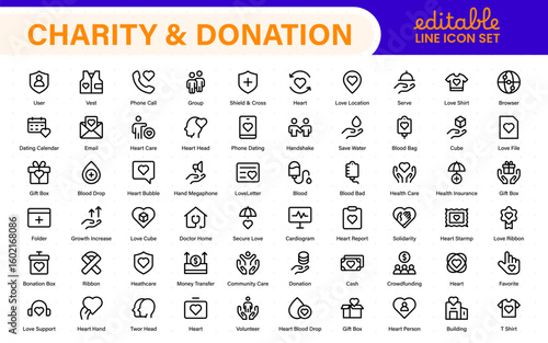 Charity and donation icon set. charity and donation icon set, Help, volunteer, donated assistance, sharing, and solidarity symbol. Outline icons  collection.