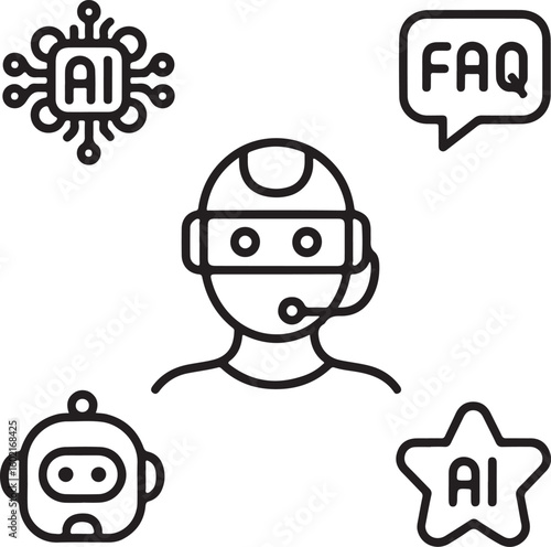 Modern AI Helpdesk Icons – Outline Line Art of Virtual Assistant, AI Brain, Customer Rating, FAQ Chat, and Support Bot