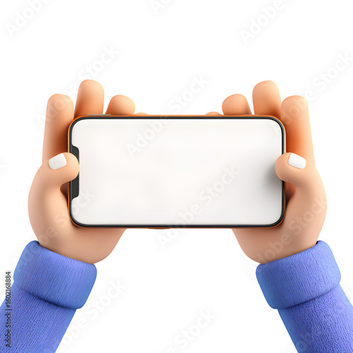 Stock image of 3d cartoon hands holding a smartphone horizontally with blank screen phone mockup for ui or content insertion isolated white background batch  perfect for ads and prints photo photo    
