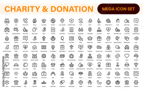 Charity and donation icon set. charity and donation icon set, Help, volunteer, donated assistance, sharing, and solidarity symbol. Outline icons  collection.