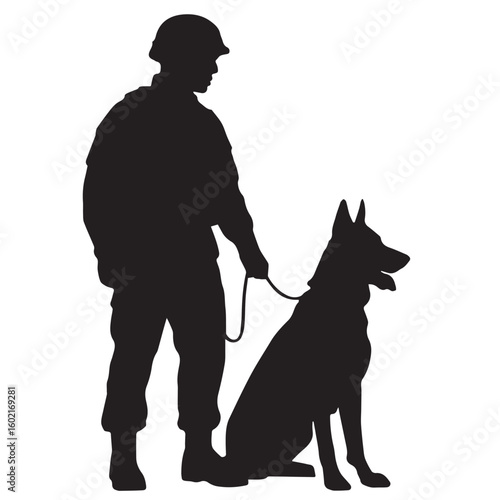 Soldier handler with German shepherd dog silhouette vector