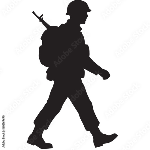 Soldier marching with rifle and backpack silhouette helmet