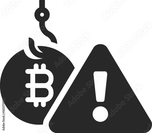 Bitcoin with hook and warning sign showing phishing scams and financial fraud in cryptocurrency security