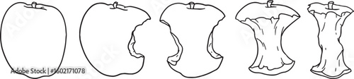 A black and white doodle sequence illustrates the stages of an apple being eaten, from whole to a discarded core. This conceptual image represents consumption, decay, or the passage of time, suitable 
