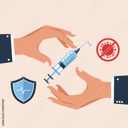 A vector illustration depicts a syringe with vaccine held by two hands, symbolizing vaccination, prevention, and protection against the coronavirus with related icons.