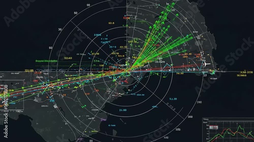 Detailed radar display showcasing air traffic patterns over a busy city, with data points and graphs