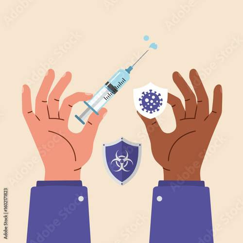 Two hands hold a syringe and a virus graphic, symbolizing vaccination and immunity against infectious diseases, with a biohazard shield emblem.