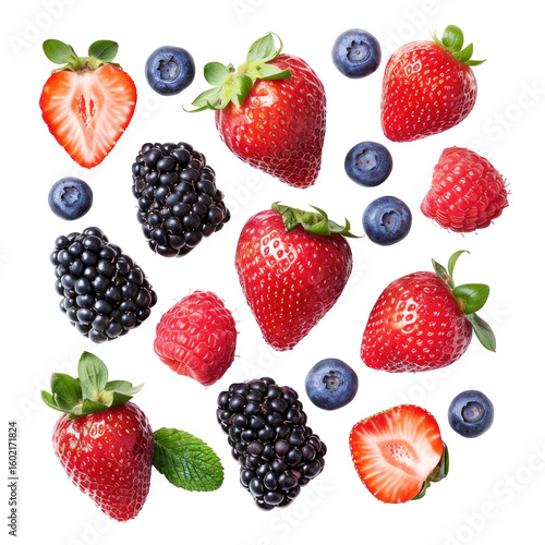 Fresh berries arranged in a grid pattern.  Colorful mix of strawberries, blueberries, and blackberries.  Bright, vibrant, and appetizing