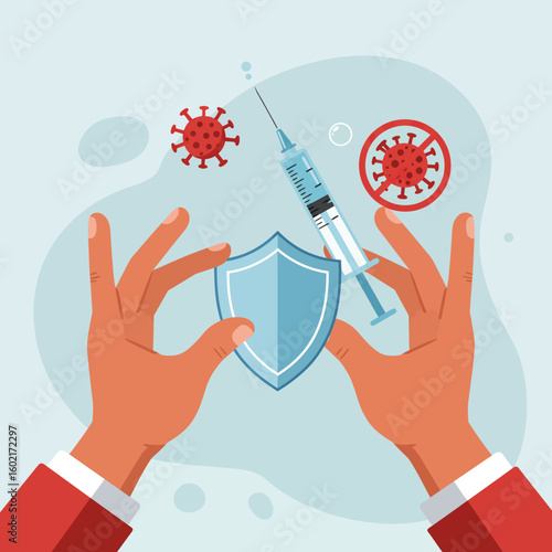 A pair of hands holds a protective shield, symbolizing immunity against viral threats like coronavirus with a vaccine syringe.