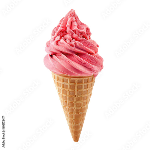 A vibrant pink ice cream cone