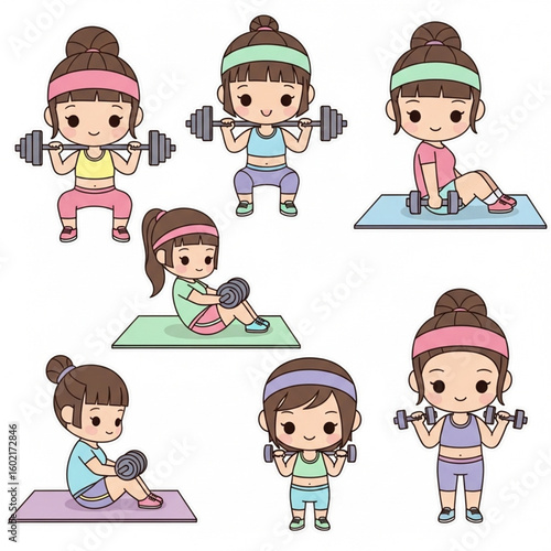 Adorable cartoon girls perform various strength training exercises, showcasing fitness routines with dumbbells and barbells.