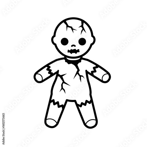 Illustration of a creepy cracked doll with dark eyes silhouette