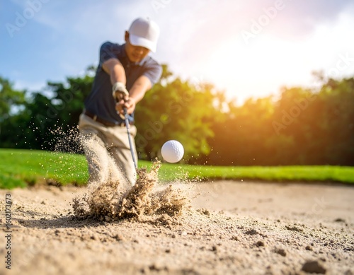 Golfer hitting golf ball in sand trap