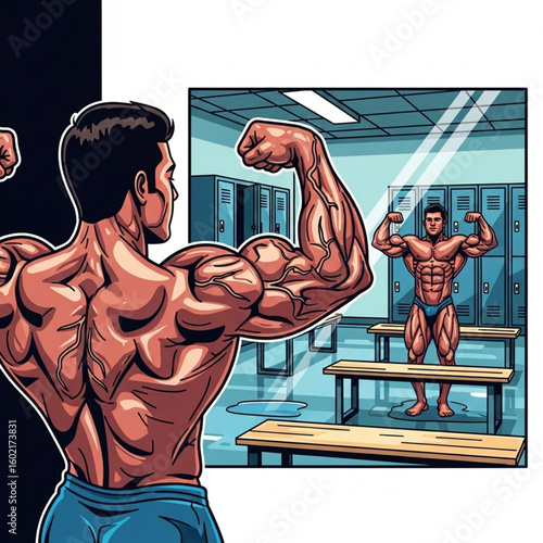 A muscular man flexing his biceps in a locker room, reflected in a mirror showing his front view.
