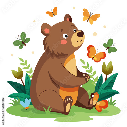 Adorable Cartoon Bear Cub Surrounded by Colorful Butterflies in a Lush Green Meadow