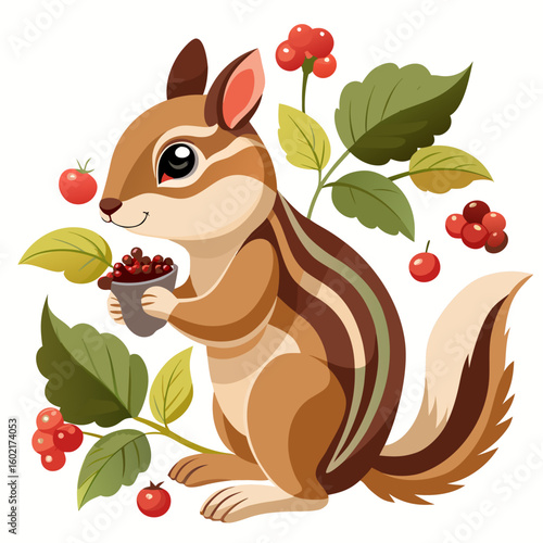 Adorable Cartoon Chipmunk Holding Berries, Autumn Harvest Theme, Childlike Illustration,  Vibrant Colors,  Happy Mood.