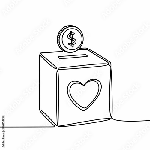 Donation box with heart symbol and dollar coin one line drawing continuous art charity and support concept