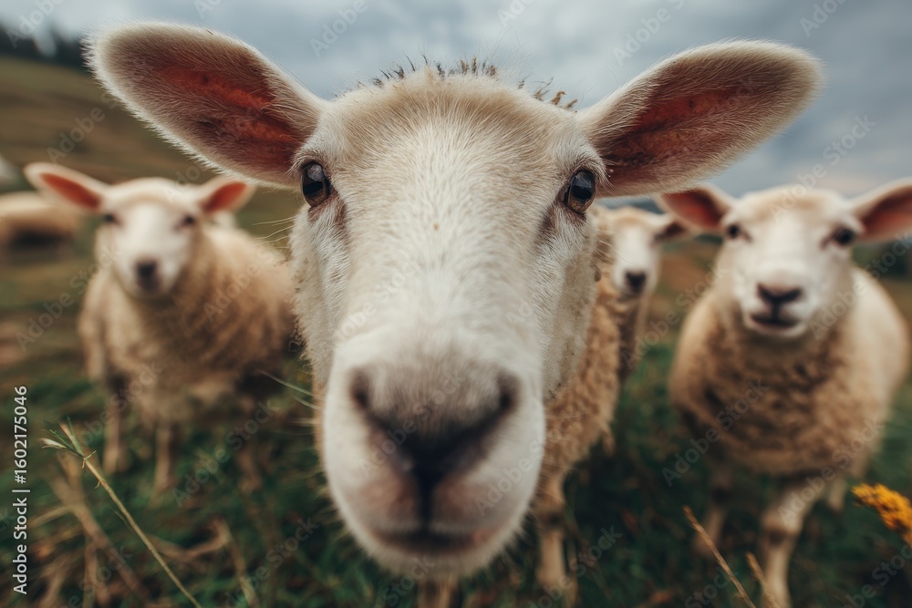 Obraz premium Sheep grazing in a field Vibrant colors Close up of a lamb Adorable sheep strolls Lambs model for pictures