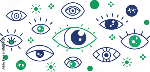 Vector art of a vibrant collection of stylized eyes and dots in blue and green representing vision and perception isolated on transparent background.