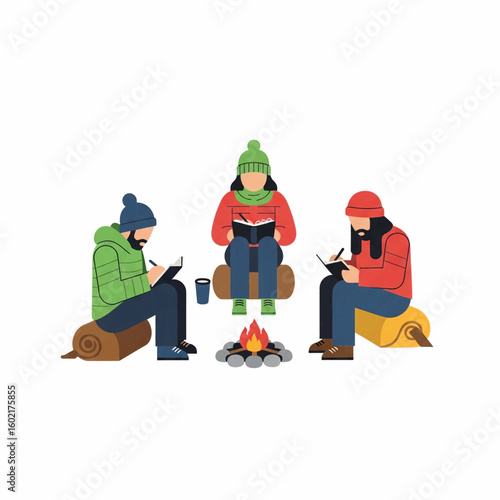 Three hikers resting on a large rock, backpacks on, enjoying a scenic viewpoint.