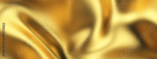 Gold silk background and golden liquid satin wave on fabric cloth for luxury elegance. Abstract smooth flag design with color and 3d ribbon by vector gradient.