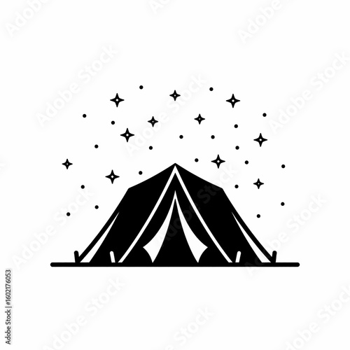 Black and White Camping Tent with Stars Illustration