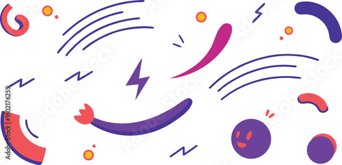 Vector art of a collection of colorful abstract shapes and elements isolated on a transparent background.