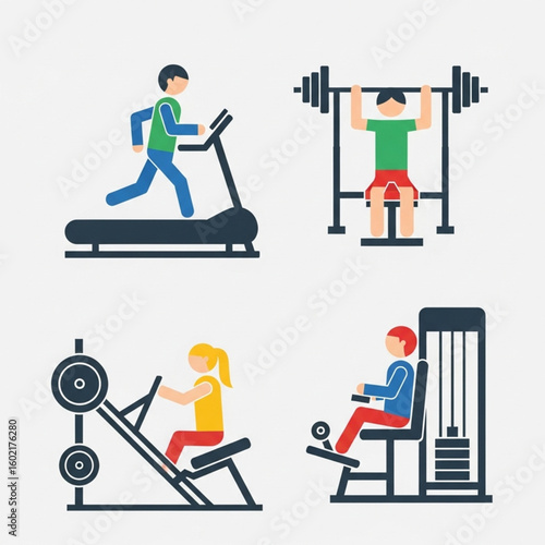 Four illustrations depicting people exercising: running on a treadmill, weightlifting, using a leg press machine, and doing leg extensions.