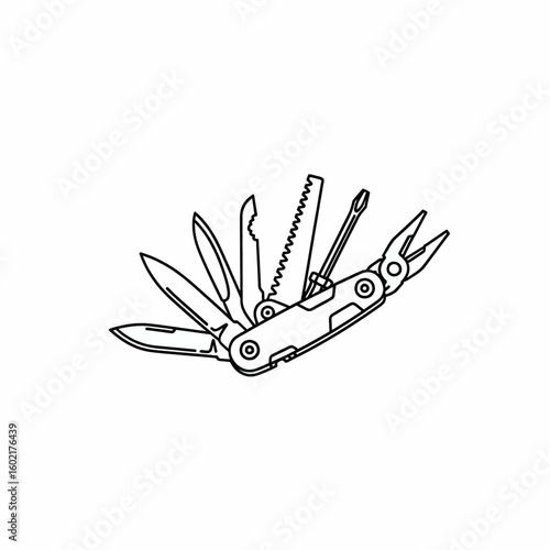 Detailed illustration of a multi-tool showing various open blades and implements, isolated.