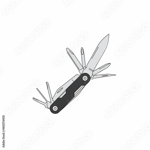 A detailed illustration of a multi-tool with various blades and implements, depicted on a plain white background.