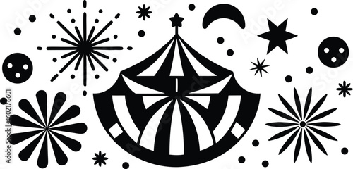 Vector art of a black and white graphic illustration of a circus tent surrounded by stars fireworks and a crescent moon isolated on transparent background.