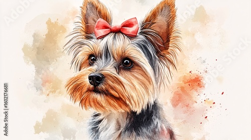 A charming watercolor portrait of a Yorkshire terrier.