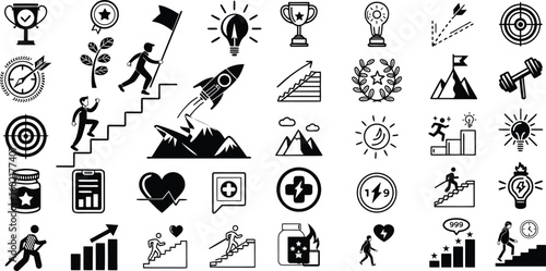A black and white set of vector silhouettes with travel and hotel icons
