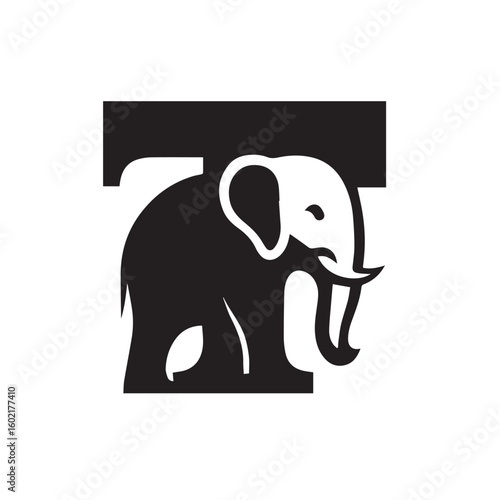 Black elephant silhouette inside a white letter T animal