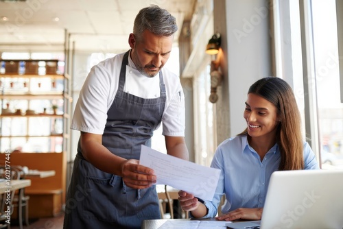 Restaurant manager meeting with chef to review menu and discuss restaurant operations