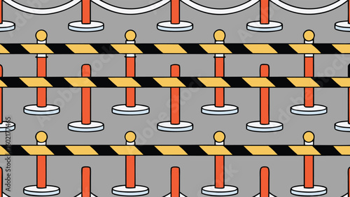 Repetitive pattern of crowd control barriers with orange posts and yellow and black striped bars