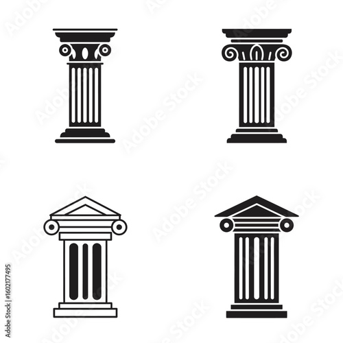 Four classic architectural columns featuring ionic and corinthian styles