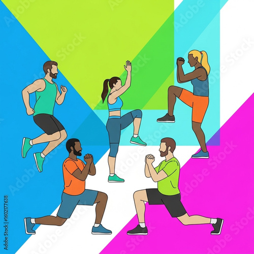 Group of diverse people performing various fitness exercises with colorful background.