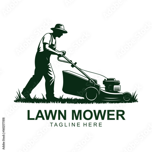 Vintage Lawn Mower Logo – Retro Grass Cutting Worker Vector Emblem Design