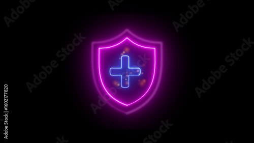 Glowing neon Security shield with positive icon isolated .positive security shield ion isolated .neon medical sign .