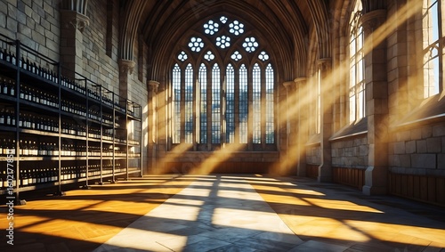 Sunbeams illuminate a grand cathedral interior with gothic architecture and stained glass windows