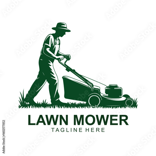 Vintage Lawn Mower Logo – Retro Grass Cutting Worker Vector Emblem Design