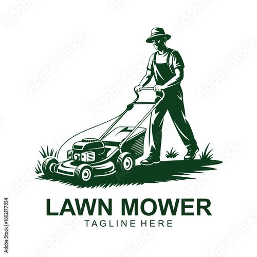 Vintage Lawn Mower Logo – Retro Grass Cutting Worker Vector Emblem Design