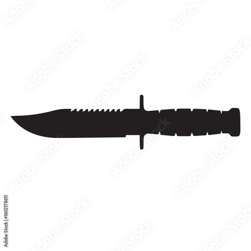 Black hunting knife with serrated blade and textured handle vector