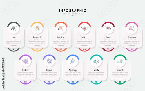Infographic 11 step timeline journey, calendar Flat simple infographics design template. presentation graph. Business concept with 11 options, number vector illustration.