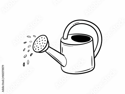 Illustration of a classic watering can spouting water in a garden context perfect for spring projects and designs