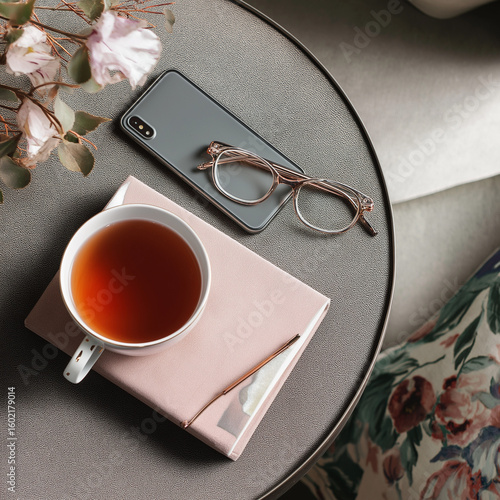 Flat lay of side table with cup of tea, mobile phone, and reading glasses