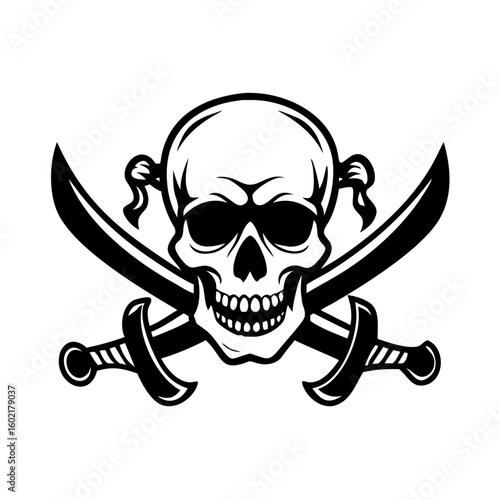 Pirate skull with two sabre graphic logo design 