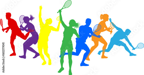 Silhouette Tennis players set. Active sports people healthy players fitness silhouettes concept.